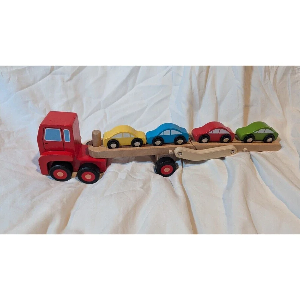 Carters Wooden Car Hauler Carrier Truck and Trailer w/4 Cars